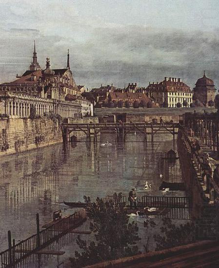 Ansicht von Dresden, Der alte Wassergraben des Zwingers, von der Orangerie Richtung Stadt aus gesehen, Bernardo Bellotto